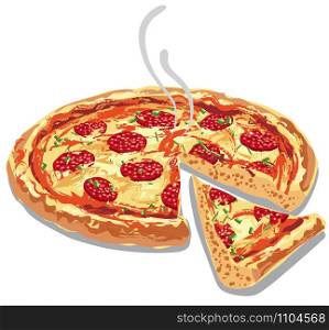 illustration of hot pizza salami with melted cheese. hot pizza salami