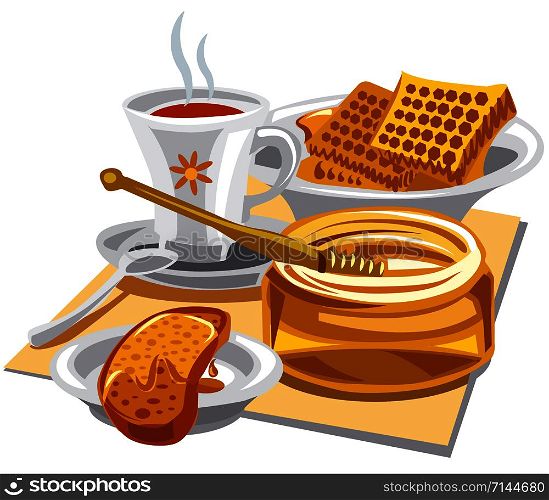 illustration of hot tea with honey and bread. hot tea with honey