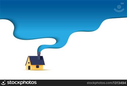 illustration of House with a smoking chimney shape curve concept.Creative paper cut and craft style.Winter season background.Minimal modern holiday banner.My home space for your text idea.vector EPS10