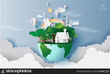 illustration of houses in green forest,Creative design world environment and earth day concept idea.landscape city life in green nature plant by area New York City.paper cut and craft.balloon.vector