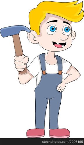 illustration of human activity, carpenter boy carrying a hammer for repairs, cartoon flat illustration