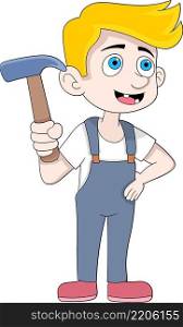 illustration of human activity, carpenter boy carrying a hammer for repairs, cartoon flat illustration