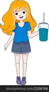 illustration of human activity, girl carrying a glass of delicious drink juice, cartoon flat illustration