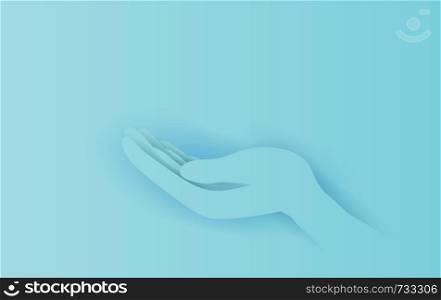 illustration of human's hand concept on blue background. Creative design paper cut and craft style idea.minimal for pastel color. Good idea cute for print poster, Card, Party, Sign, Vector. EPS10