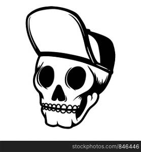 Illustration of human skull in baseball cap. Design element for poster, card, flyer, emblem, sign. Vector illustration