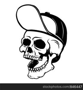 Illustration of human skull in baseball cap. Design element for poster, card, flyer, emblem, sign. Vector illustration