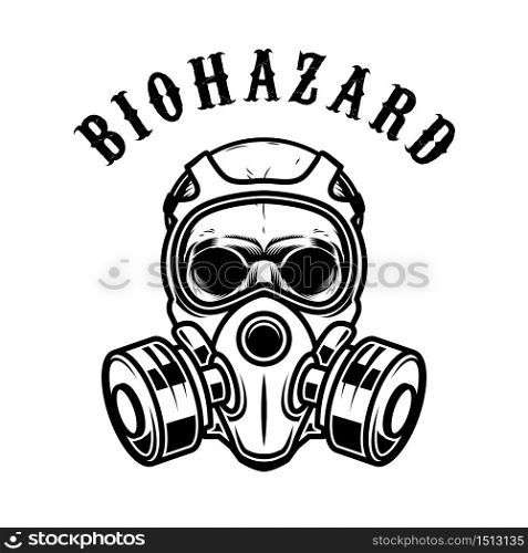 Illustration of human skull in gas mask isolated on white background. Biohazard. Coronavirus alert. Design element for poster, card, banner, flyer, emblem, sign. Vector illustration