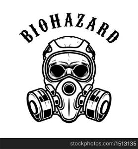 Illustration of human skull in gas mask isolated on white background. Biohazard. Coronavirus alert. Design element for poster, card, banner, flyer, emblem, sign. Vector illustration