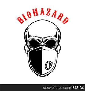 Illustration of human skull in medical mask isolated on white background. Biohazard. Coronavirus alert. Design element for poster, card, banner, flyer, emblem, sign. Vector illustration