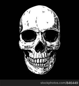 Illustration of human skull on dark background. Design element for poster, card, flyer, emblem, sign. Vector illustration