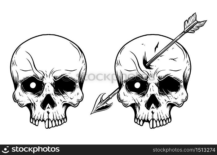 Illustration of human skull with arrow in head. Design element for logo, label, sign, emblem, poster. Vector illustration