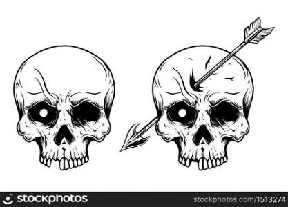 Illustration of human skull with arrow in head. Design element for logo, label, sign, emblem, poster. Vector illustration