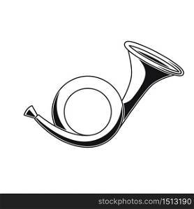 Illustration of hunting horn in engraving style. Design element for logo, label, sign, poster, t shirt. Vector illustration