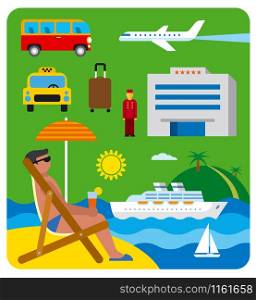 illustration of icons of tropical and sea resort and journey. sea resort journey
