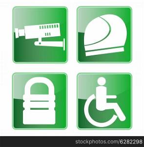 Illustration of icons showing cctv surveillance camera bike crash helmet padlock mobility wheelchair on isolated background.