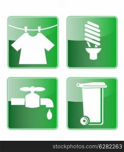 Illustration of icons showing laundry clothes cfl fluorescent light bulb dripping tap faucet and wheelie rubbish bin on white background.