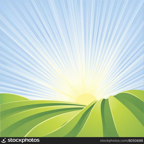 Illustration of idyllic green fields with sunshine rays and blue sky. A perfect landscape scene.