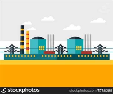 Illustration of industrial nuclear power plant in flat style.