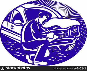 Illustration of insurance adjuster with clipboard taking notes on car collision set inside ellipse done in retro woodcut style.. Auto Insurance Adjuster Car Collision