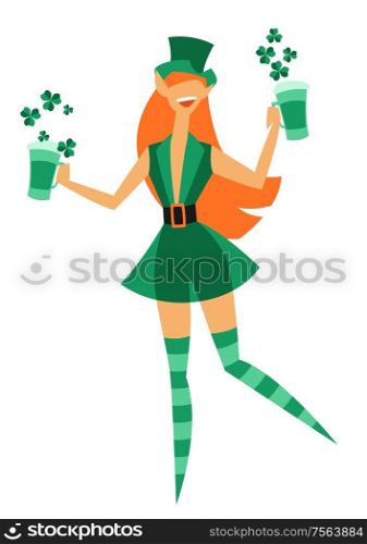 Illustration of Irish fantastic character leprechaun girl. Saint Patricks Day celebration. Stylish woman in traditional costume.. Illustration of Irish fantastic character leprechaun girl. Saint Patricks Day celebration.