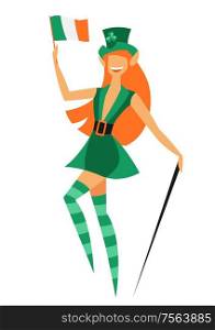 Illustration of Irish fantastic character leprechaun girl. Saint Patricks Day celebration. Stylish woman in traditional costume.. Illustration of Irish fantastic character leprechaun girl. Saint Patricks Day celebration.