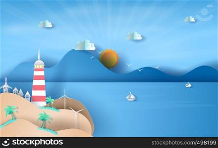 illustration of Island with lighthouse on sea view sunlight blue sky,Summer time season concept,Boat floating in the sea on blue sky.Graphic design Seaside landscape, Paper craft and cut idea,vector.
