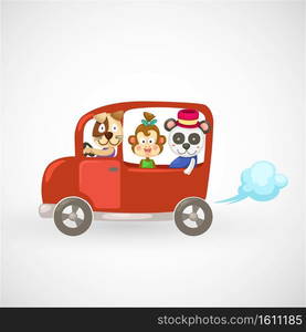 Illustration of isolated animals in red car