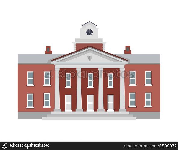 Illustration of Isolated Building with Columns. Big brown building with four white columns in simple cartoon style isolated illustration. Two floors. Round clock on top of establishment. Front view. Museum. School. College. Flat design. Vector