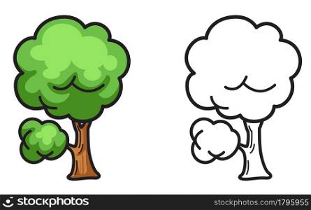 illustration of isolated colorful and black and white tree for coloring book