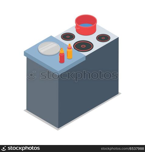 Illustration of Isolated Cooker with Red Round Pot. Cooker with red round pot isolated on white. Four burners. Grey working place near cooker. Two bottles of sauce and round steel tray on table. Simple cartoon style. Flat design. Vector