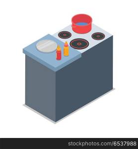 Illustration of Isolated Cooker with Red Round Pot. Cooker with red round pot isolated on white. Four burners. Grey working place near cooker. Two bottles of sauce and round steel tray on table. Simple cartoon style. Flat design. Vector