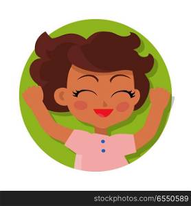 Illustration of isolated girl with short brown wavy hair. Closed eyes. Portrait of nice female person in pink t-shirt. Pink flush on face. Simple cartoon style. Front view. Flat design. Vector. Smiling Girl with Raised Hands. Brown Wavy Hair