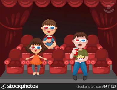 Illustration of isolated kids watching a movie with 3d glasses