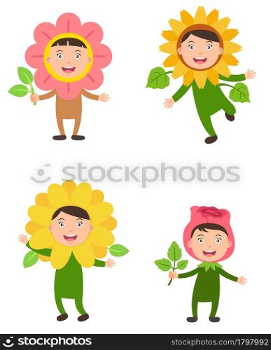 illustration of isolated set costumes flower kids on white background