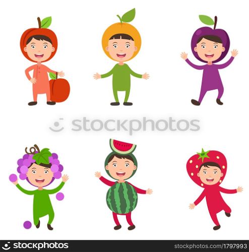 illustration of isolated set costumes fruit kids on white background