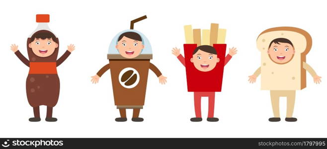 illustration of isolated set costumes junk food kids on white background