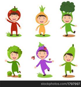 illustration of isolated set costumes vegetable kids on white background