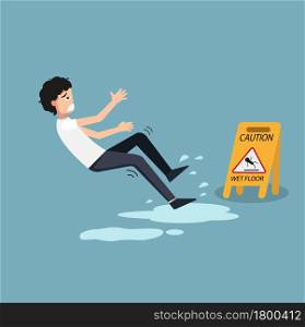 Illustration of isolated wet floor caution sign.Danger of slipping