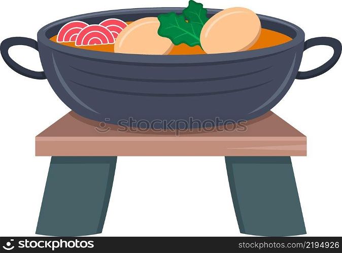 illustration of Japanese food icon, a bowl of hot suki soup. creative drawing 