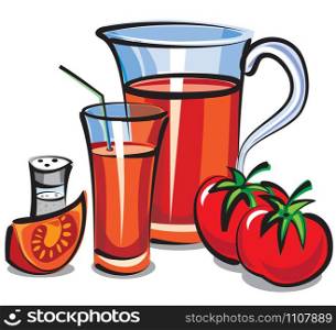 illustration of jar with fresh tomato juice and tomatoes. fresh tomato juice