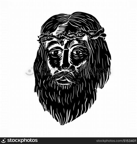 Illustration of Jesus Christ face with Crown of Thorns front view done in Woodcut style.. Christ Crown of Thorns Woodcut