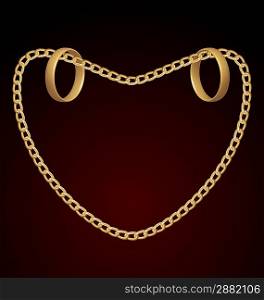 Illustration of jewelry two rings on golden chain of heart shape - vector eps10 mesh