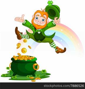 Illustration of joyful jumping leprechaun