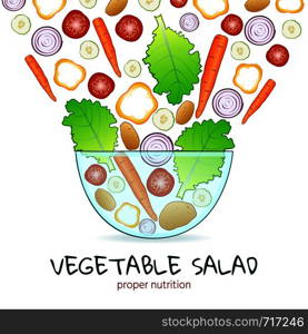 Illustration of juicy vegetable salad in a glass salad bowl. Proper nutrition vector Isolated vector illustration on white background.
