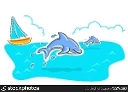 illustration of jumping dolphin in sea on white background
