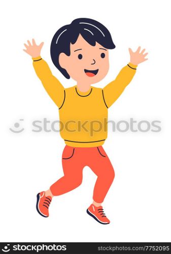 Illustration of jumping smiling boy. Child in cartoon style. Image for school and kindergarten. Happy childhood.. Illustration of jumping smiling boy. Child in cartoon style. Image for school and kindergarten.
