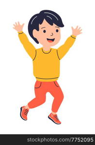 Illustration of jumping smiling boy. Child in cartoon style. Image for school and kindergarten. Happy childhood.. Illustration of jumping smiling boy. Child in cartoon style. Image for school and kindergarten.