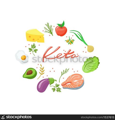 Illustration of keto diet. Pie color chart design in trendy flat style. Organic fatty and low-carb protein foods used in keto are shown. A diagram of a healthy, organic diet.. Illustration of keto diet. Pie color chart design in trendy flat style.