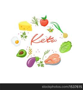 Illustration of keto diet. Pie color chart design in trendy flat style. Organic fatty and low-carb protein foods used in keto are shown. A diagram of a healthy, organic diet.. Illustration of keto diet. Pie color chart design in trendy flat style.