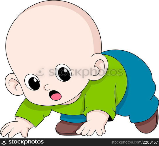 illustration of kids activity image, a cute bald baby boy is practicing crawling, cartoon flat illustration